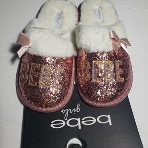Bebe girls slippers size L 2/3 pink glitter white faux fur